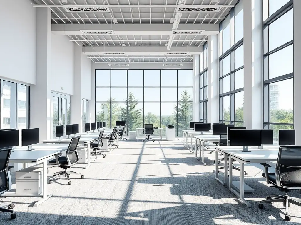 A photograph of a modern office interior with minimalist design, featuring open spaces, natural light, and ergonomic furniture. The image is used to represent the commercial interior design services offered by Architekci Przestrzeni.