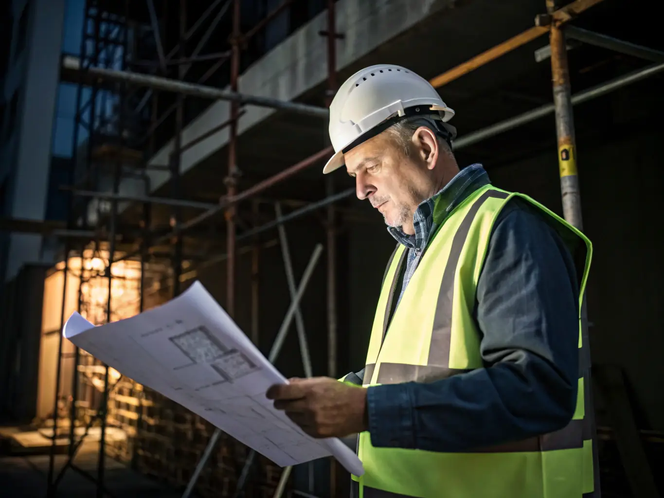 A photograph of an architect overseeing construction on a building site, wearing a hard hat and reviewing blueprints. The image is used to represent the architectural supervision services offered by Architekci Przestrzeni.