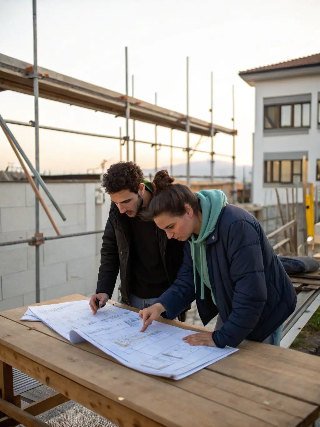 Architects in hard hats overseeing construction on a building site, ensuring adherence to design specifications and quality standards.