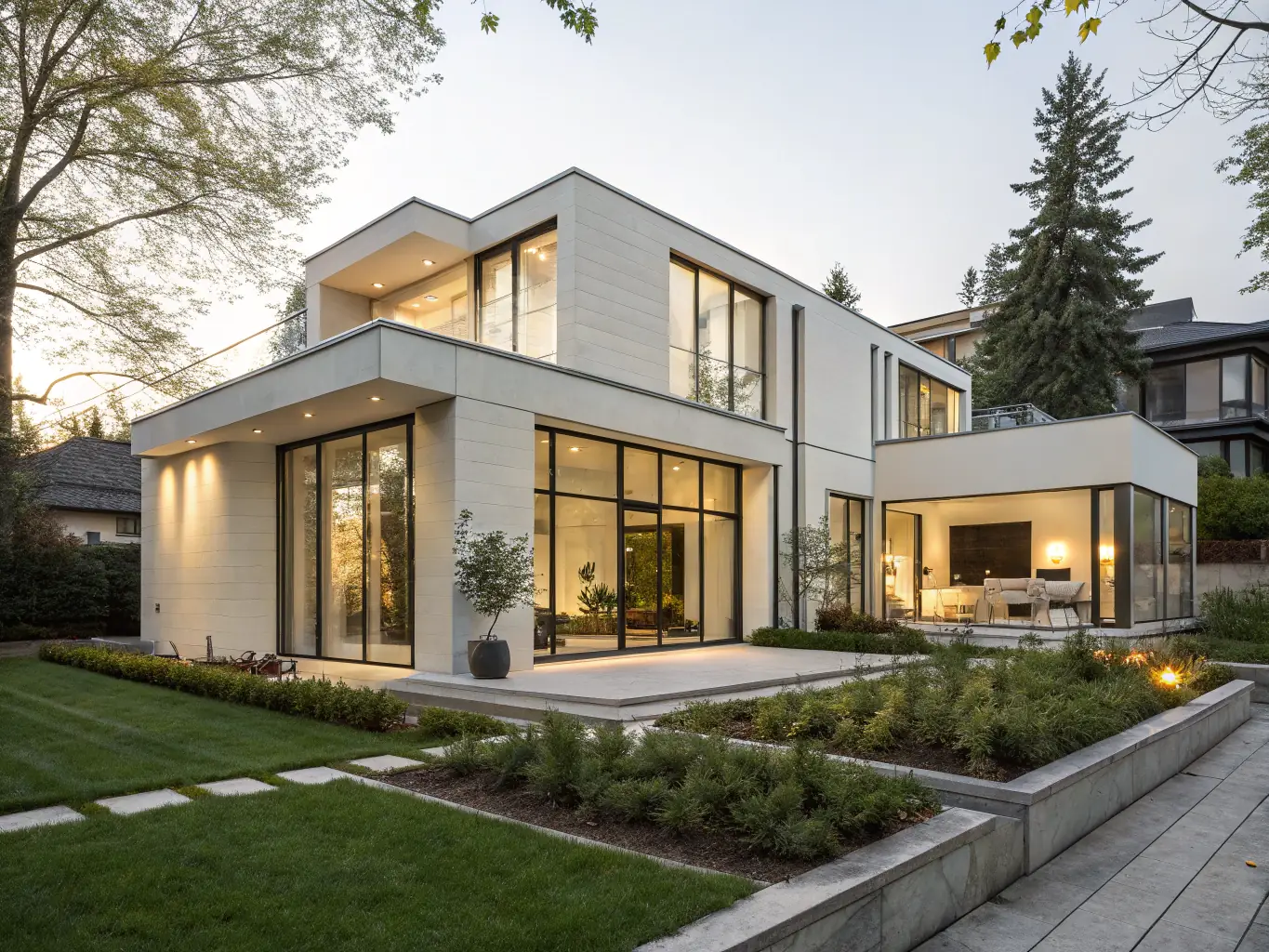 A photograph showcasing the exterior of a modern house with large glass windows and minimalist design, emphasizing the architectural design and integration with the surrounding landscape. The image is used to represent the house design services offered by Architekci Przestrzeni.