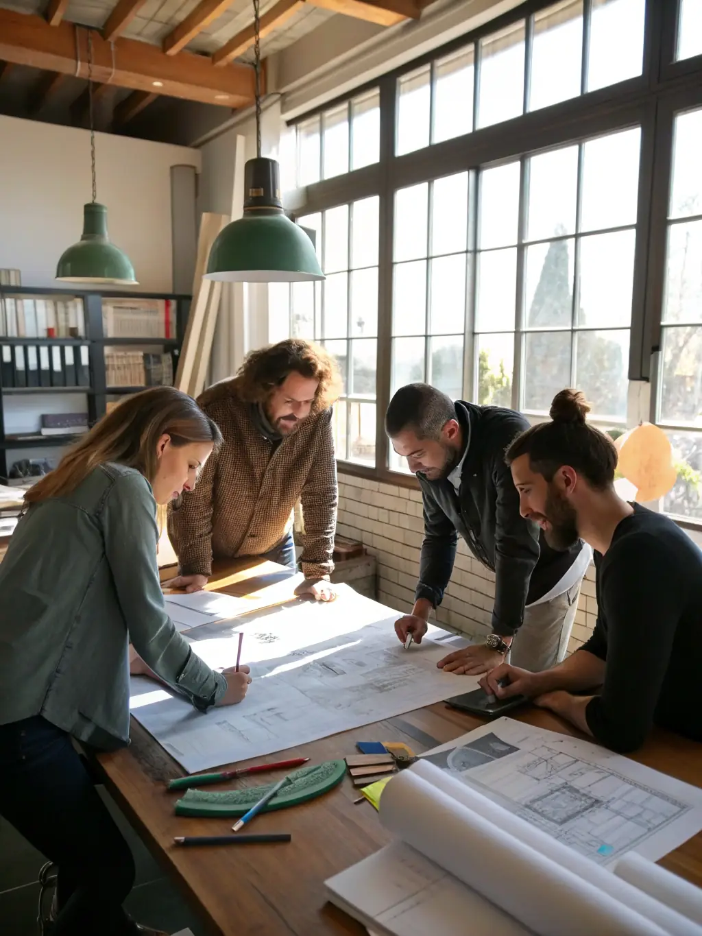 A modern architectural office setting with architects reviewing blueprints and discussing project details, emphasizing collaboration and precision.