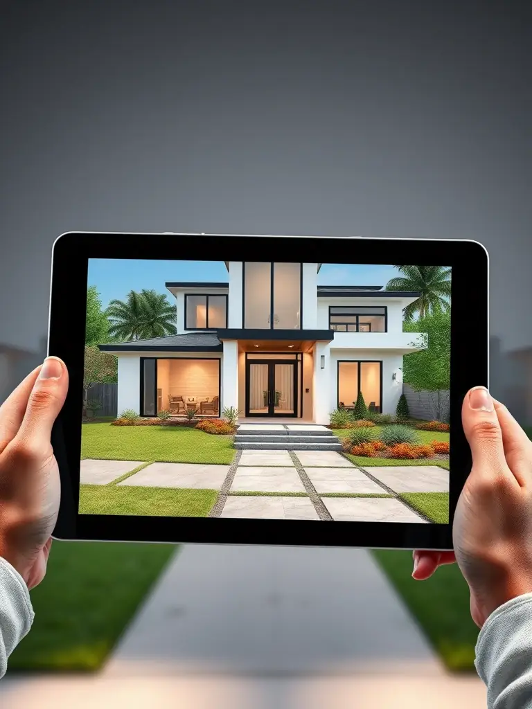 A 3D rendering of a house design showcasing the exterior and surrounding landscape, highlighting the design's aesthetic and functionality.