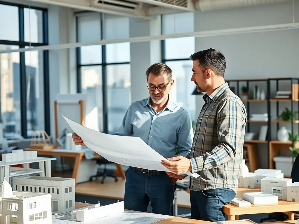 A photograph of architects collaborating closely with a client, reviewing blueprints and discussing design options, highlighting clear communication.